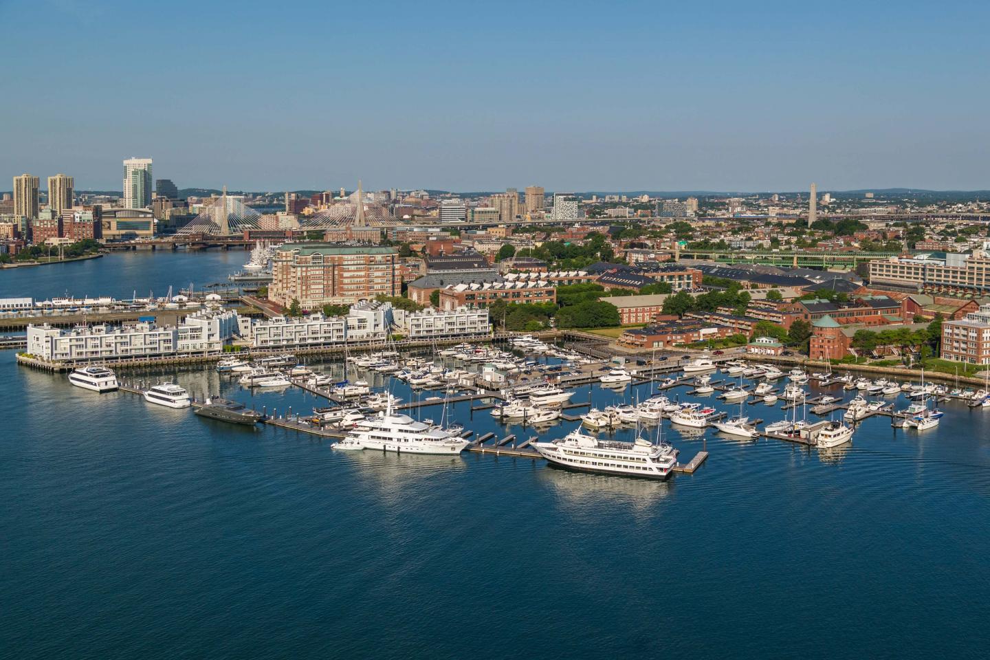 Aerial shot of the marina and Boston city